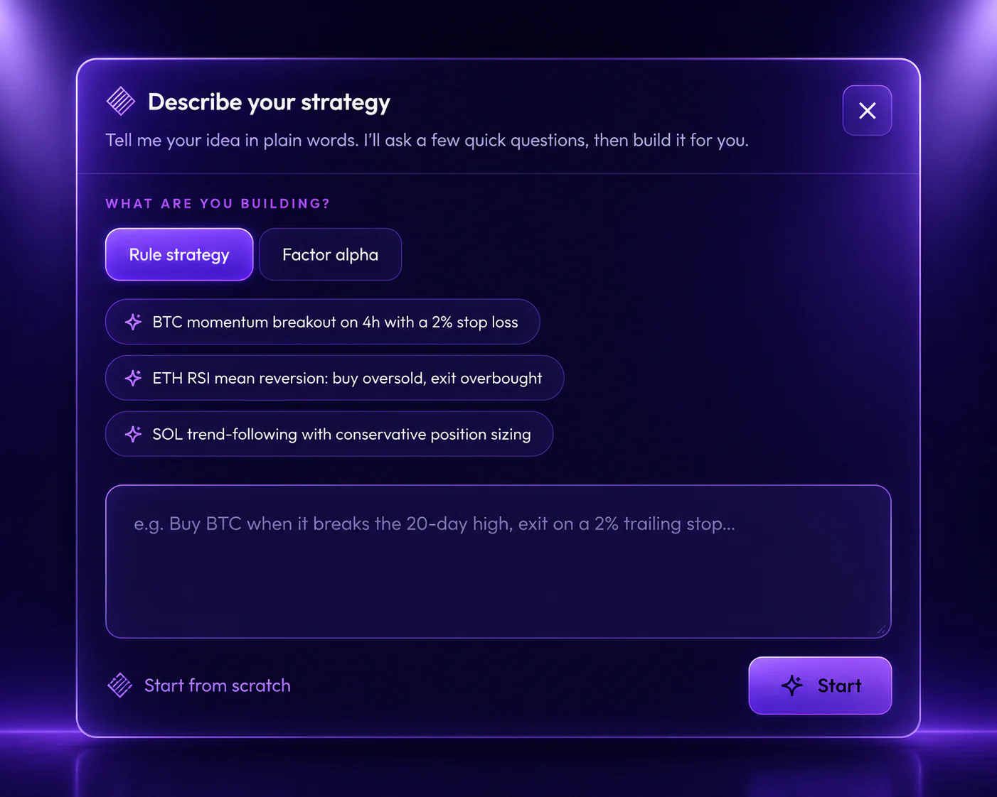 Kvants Studio prompt window asking you to describe your strategy in plain words