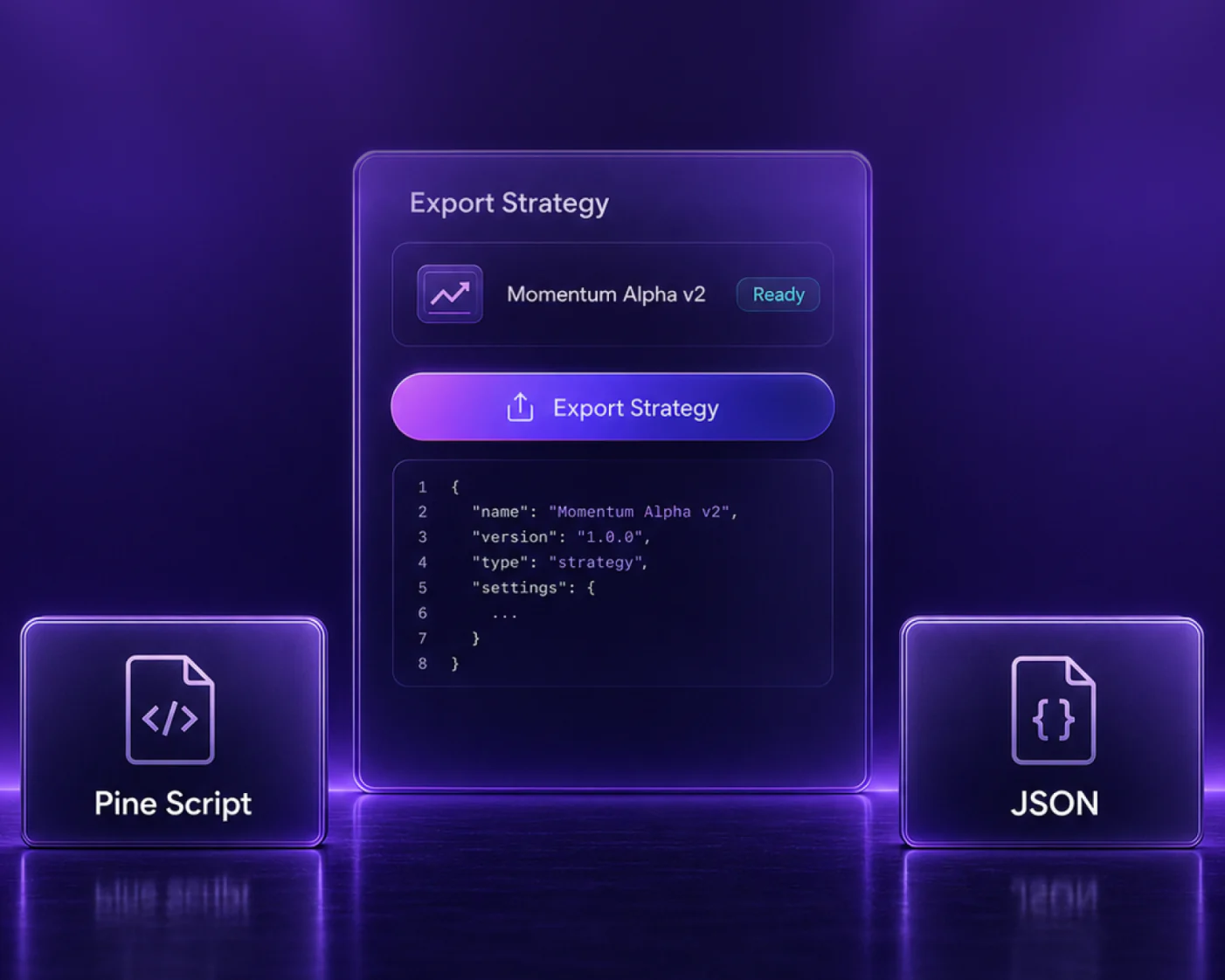 Export Strategy panel offering a strategy as either Pine Script or JSON